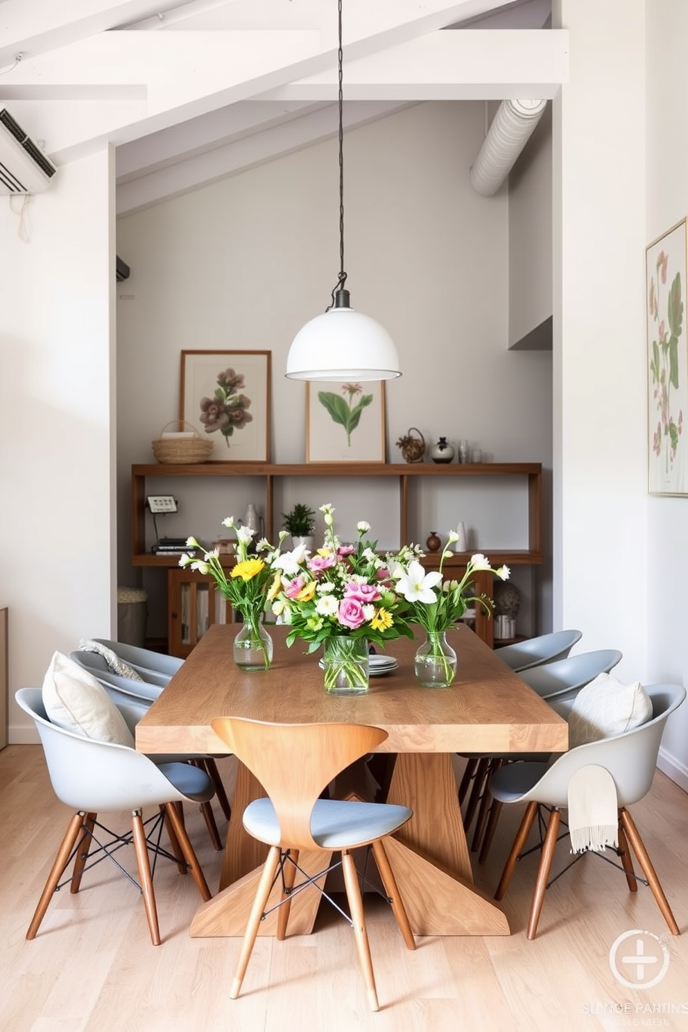 A bright and airy loft space adorned with floral patterned curtains that gently billow in the breeze. The walls are painted in soft pastel hues, and a large, vibrant floral mural serves as a stunning focal point. A cozy seating area features a plush sofa covered in a cheerful floral print, complemented by throw pillows in coordinating colors. A rustic wooden coffee table sits atop a light-colored area rug, bringing warmth and charm to the space.