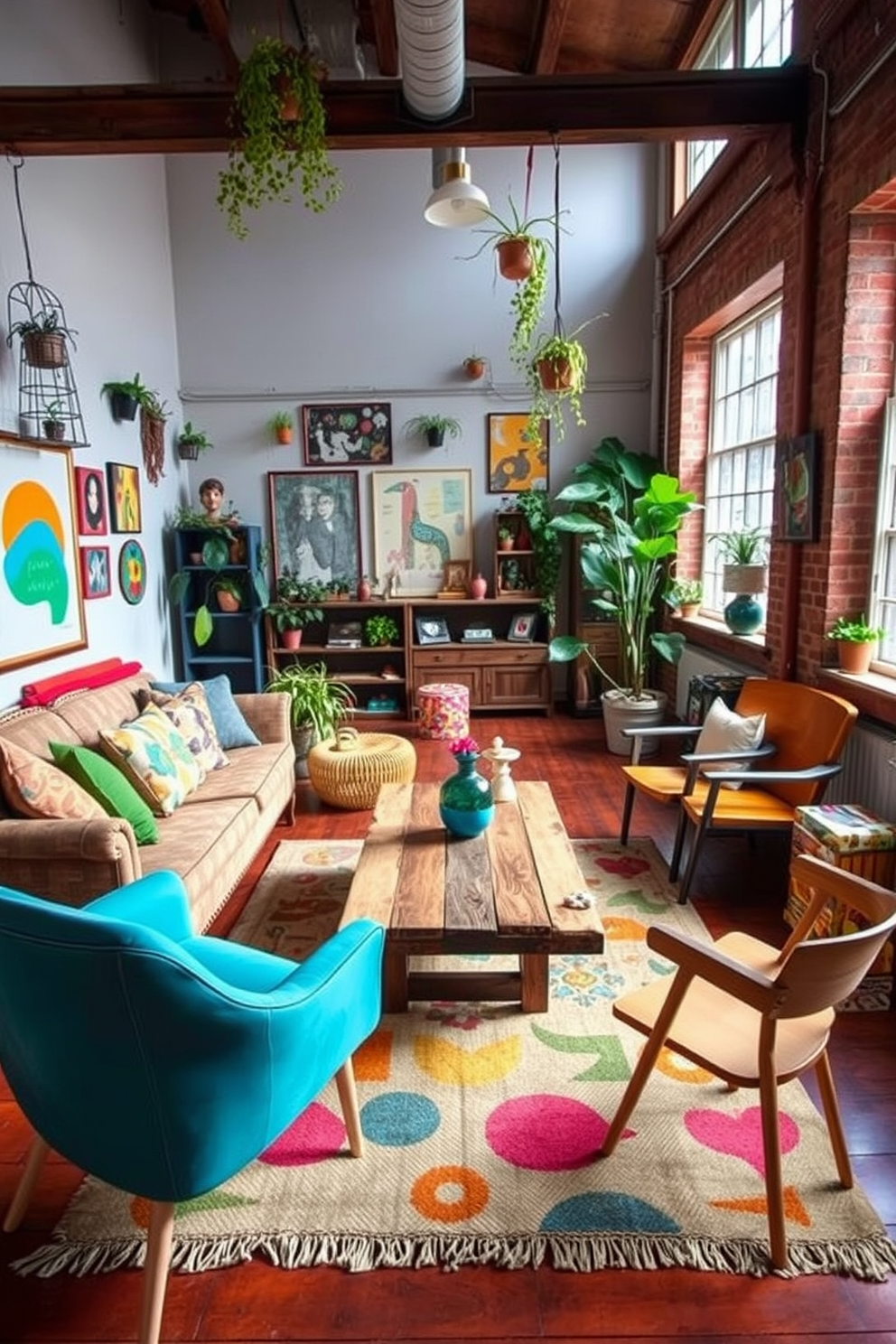 A vibrant loft space filled with natural light featuring a mix of eclectic furniture pieces. Brightly colored cushions and throws adorn a vintage sofa, while whimsical artwork and hanging plants add character to the walls. A playful area rug with bold patterns anchors the seating area, creating a cozy atmosphere. A unique coffee table made from reclaimed wood serves as the centerpiece, surrounded by mismatched chairs that invite relaxation and conversation.