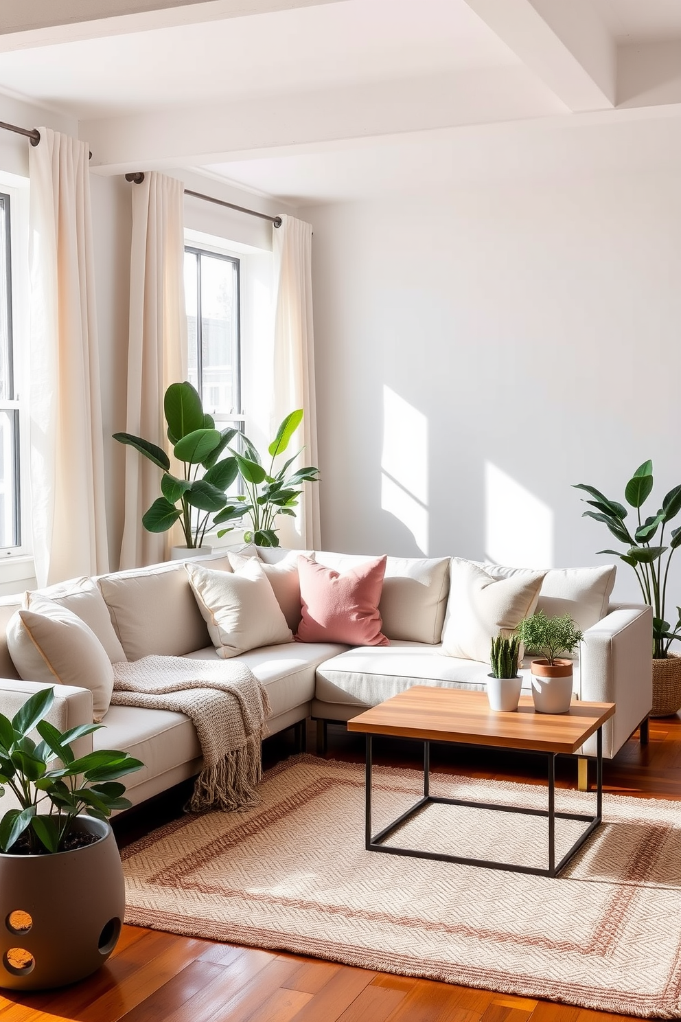 A bright and airy loft space featuring a blend of soft linen curtains and plush velvet throw pillows on a modern sectional sofa. The walls are adorned with light pastel colors, while a textured area rug adds warmth to the hardwood floor. Incorporate fresh greenery with potted plants placed strategically around the room to enhance the spring vibe. A wooden coffee table with a matte finish complements the overall aesthetic, creating a cozy yet stylish atmosphere.