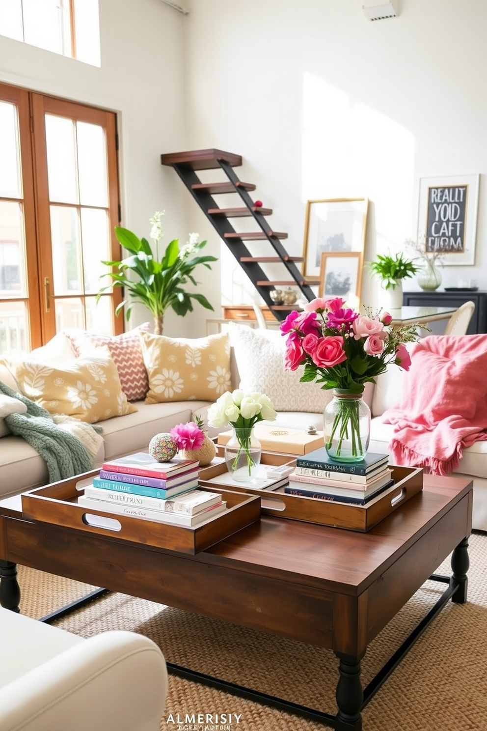 A bright and airy loft space adorned with fresh spring decor. Decorative trays in various sizes are elegantly arranged on a large coffee table, showcasing a collection of vibrant flowers and stylish books. The walls are painted in a soft white hue, allowing natural light to flood the room. Cozy throw blankets in pastel colors drape over the couch, adding warmth and inviting comfort to the space.