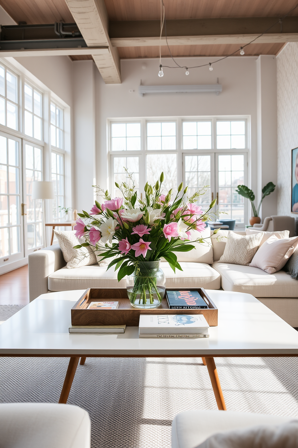 A bright and airy loft living room features large windows that allow natural light to flood the space. In the center, a stylish coffee table is adorned with a beautifully arranged centerpiece of fresh spring flowers, complemented by a decorative tray and a stack of art books. Surrounding the coffee table, a plush sectional sofa in soft pastel tones invites relaxation. The walls are adorned with light, textured wallpaper, and a few carefully selected pieces of art add a pop of color to the room.