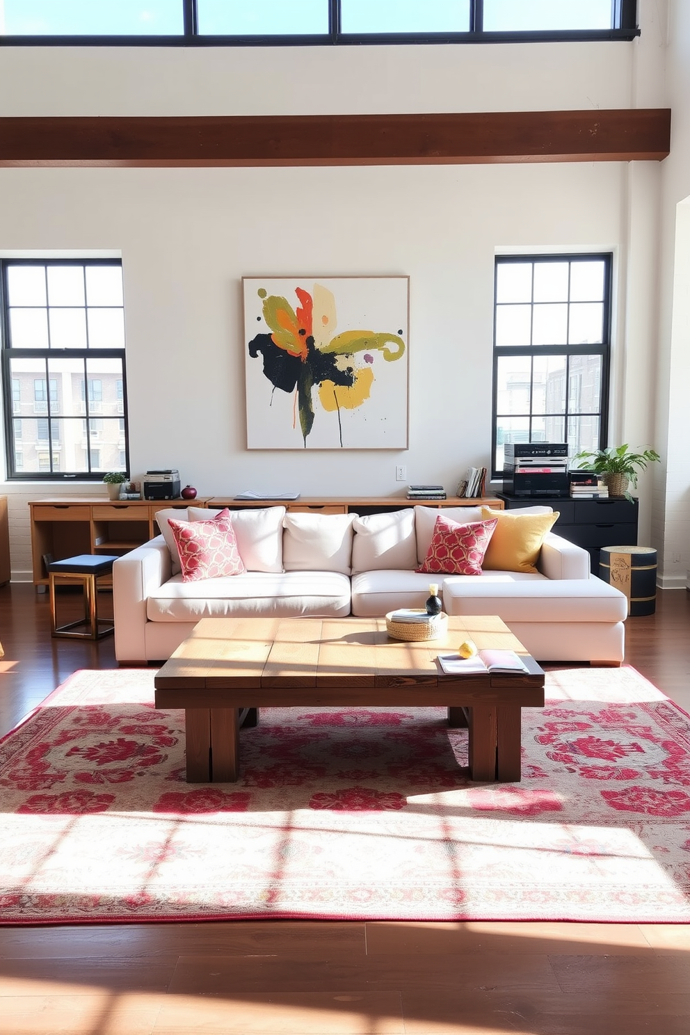 A bright and airy loft space adorned with decorative trays that showcase an assortment of fresh flowers and candles. The open layout features light wooden floors and large windows that invite natural light, creating a warm and inviting atmosphere. A cozy seating area with a plush sofa is complemented by a coffee table adorned with a decorative tray holding books and a small potted plant. Soft pastel colors dominate the decor, enhancing the spring theme and bringing a sense of freshness to the space.