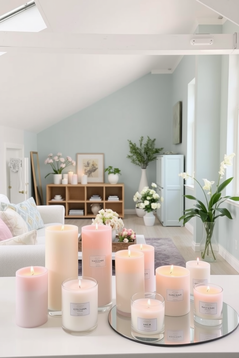 A bright and airy loft space featuring large windows that allow natural light to flood the room. In the center, a statement piece of abstract art hangs on the wall, drawing attention with its vibrant colors and bold shapes. The seating area includes a plush sectional sofa adorned with colorful throw pillows. A rustic wooden coffee table sits in front, complemented by a soft area rug that adds warmth to the space.