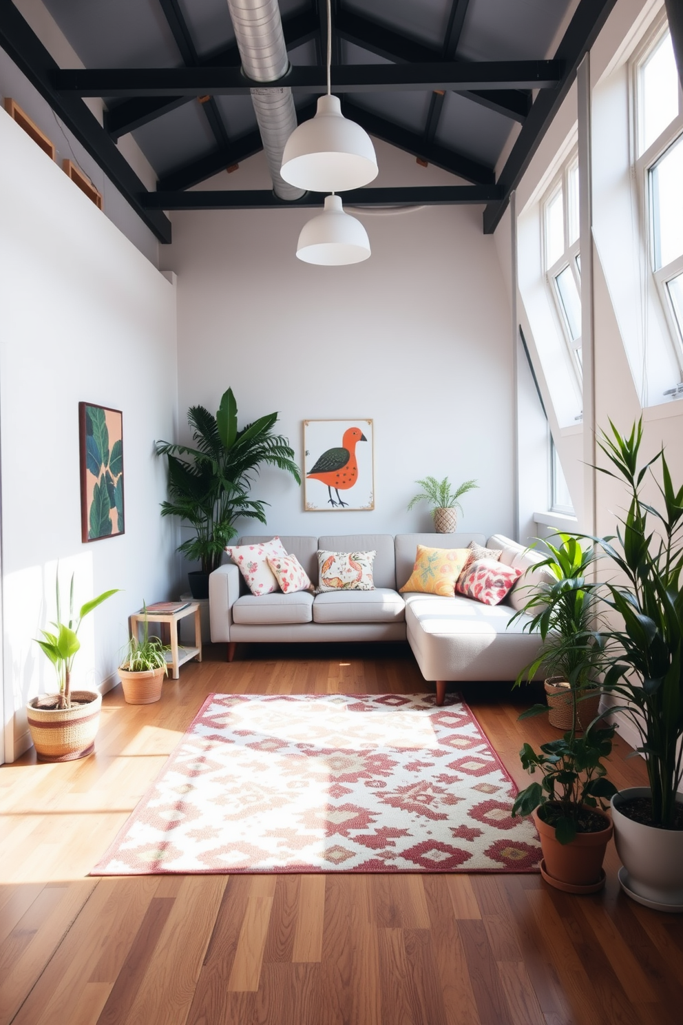 A bright and airy loft space featuring large windows that allow natural light to flood in. The room is adorned with a plush area rug in vibrant hues, adding a cheerful contrast to the neutral furniture. In one corner, a cozy seating arrangement includes a soft sofa and colorful accent chairs, inviting relaxation. Potted plants and decorative cushions in lively patterns enhance the spring theme, creating a fresh and inviting atmosphere.