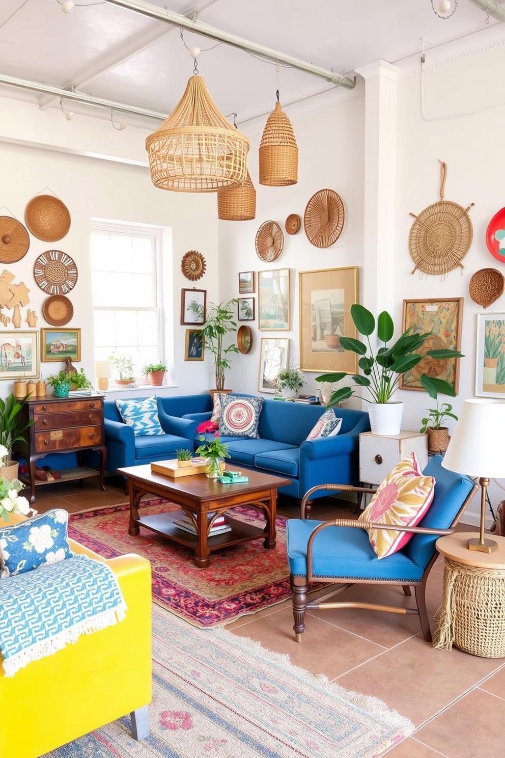 A bright and airy loft space features open shelving along one wall, showcasing an array of decorative items such as books, plants, and art pieces. The shelves are styled with a mix of textures and colors, creating a vibrant focal point that enhances the spring atmosphere. Soft pastel colors dominate the decor, with cushions and throws in shades of mint green and blush pink adding warmth to the seating area. Natural light floods the room through large windows, illuminating the fresh flowers arranged in a vase on the coffee table.