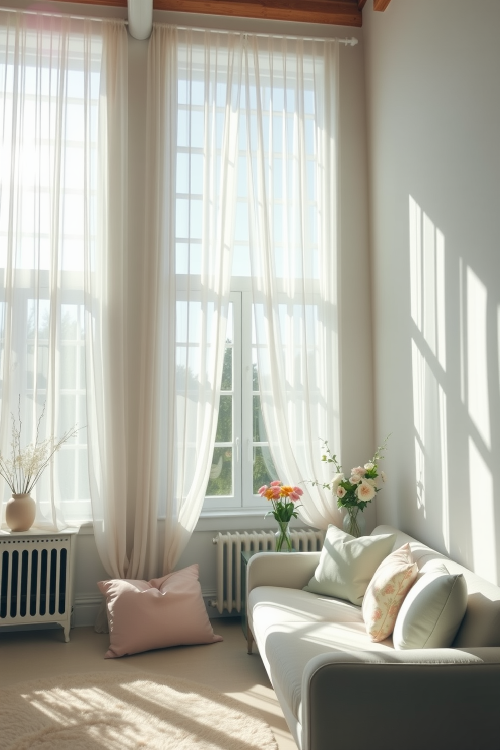 A bright and airy loft space filled with natural light. The large windows are adorned with light sheer curtains that gently flutter with the breeze. The room features a cozy seating area with a plush sectional sofa in soft pastel colors. A mix of potted plants and fresh flowers adds a touch of spring vibrancy to the decor.