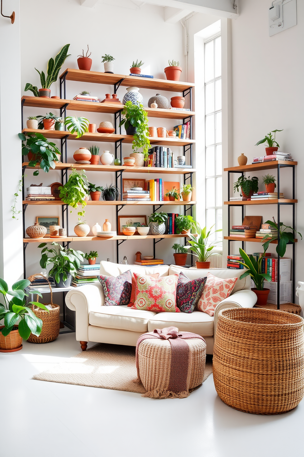 A bright and airy loft space features open shelving made of reclaimed wood, showcasing an array of potted plants, artisanal ceramics, and colorful books. The walls are painted in a soft white, allowing natural light to flood the room and highlight the vibrant decor. In the center of the space, a cozy seating area is adorned with a plush, light-colored sofa and layered with patterned throw pillows. A large, woven basket sits beside the sofa, providing a stylish storage solution for extra blankets.