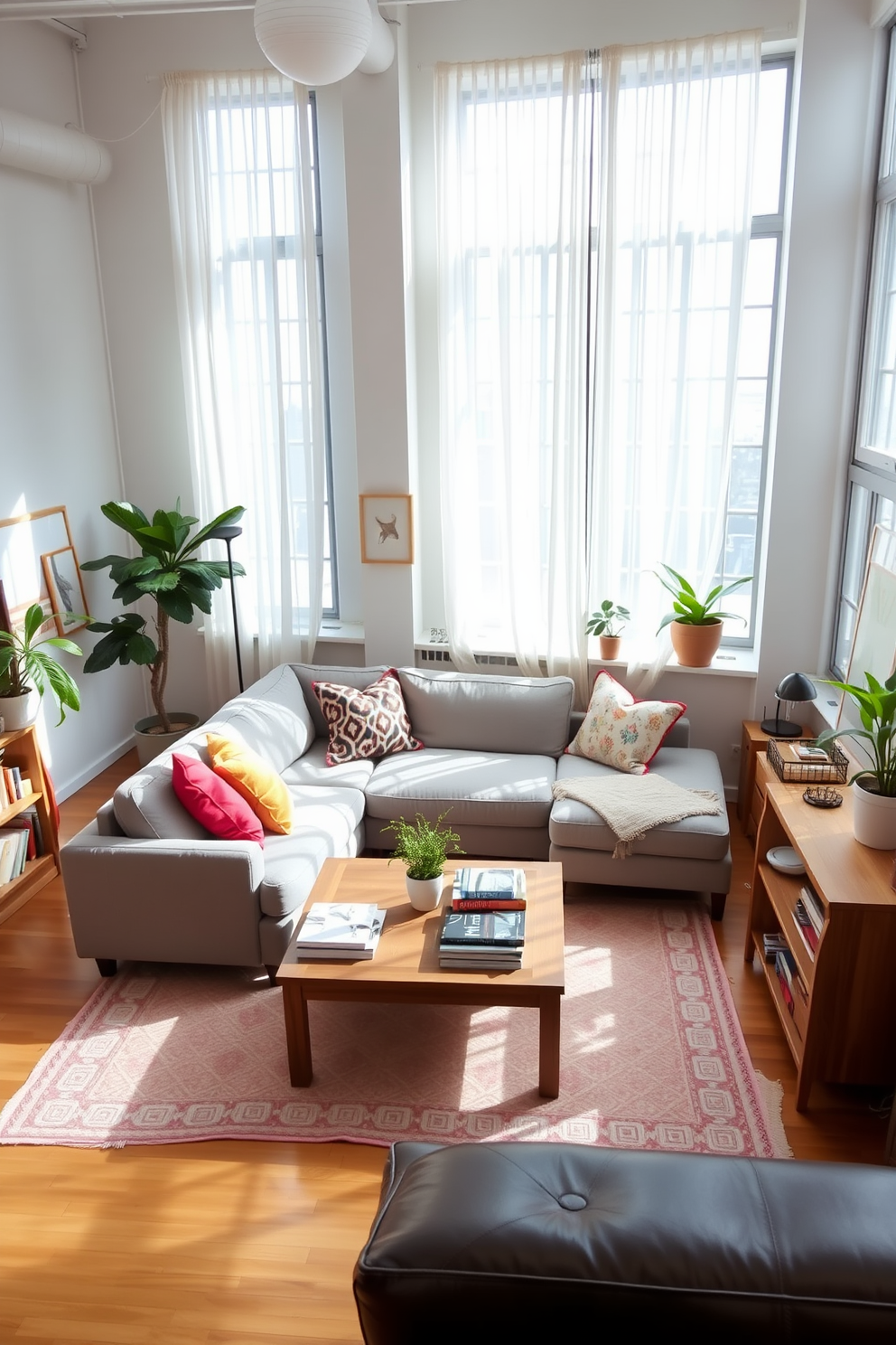 A bright and airy loft space filled with natural light. The room features large windows draped with sheer white curtains, allowing sunlight to filter in gently. In the center, a plush sectional sofa in soft gray is adorned with colorful throw pillows. A cozy area rug in soft hues anchors the seating area, adding warmth and texture to the space. A wooden coffee table sits atop the rug, topped with a stack of art books and a small potted plant. To the side, a stylish bookshelf displays an array of curated decor and personal mementos, enhancing the inviting atmosphere. On the walls, framed artwork in pastel colors adds a touch of personality. A few indoor plants are strategically placed around the room, bringing a fresh and vibrant feel to the loft.