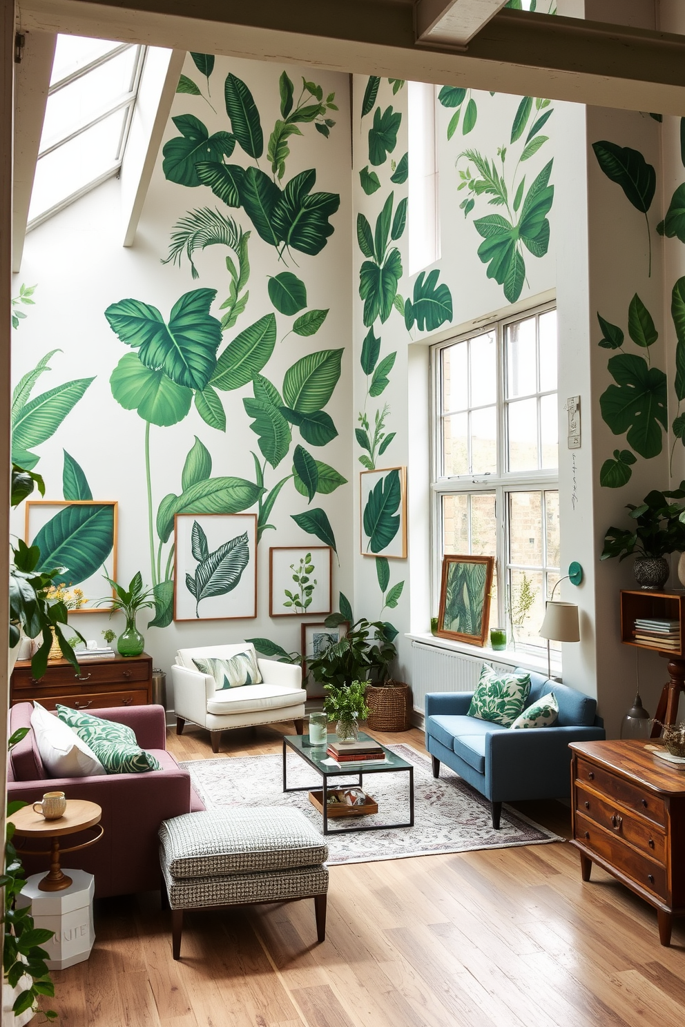 A bright and airy loft space adorned with botanical prints on the walls, featuring various green hues and intricate leaf patterns. The decor includes a mix of modern furniture and vintage accents, creating a harmonious blend of styles that invites relaxation and creativity.