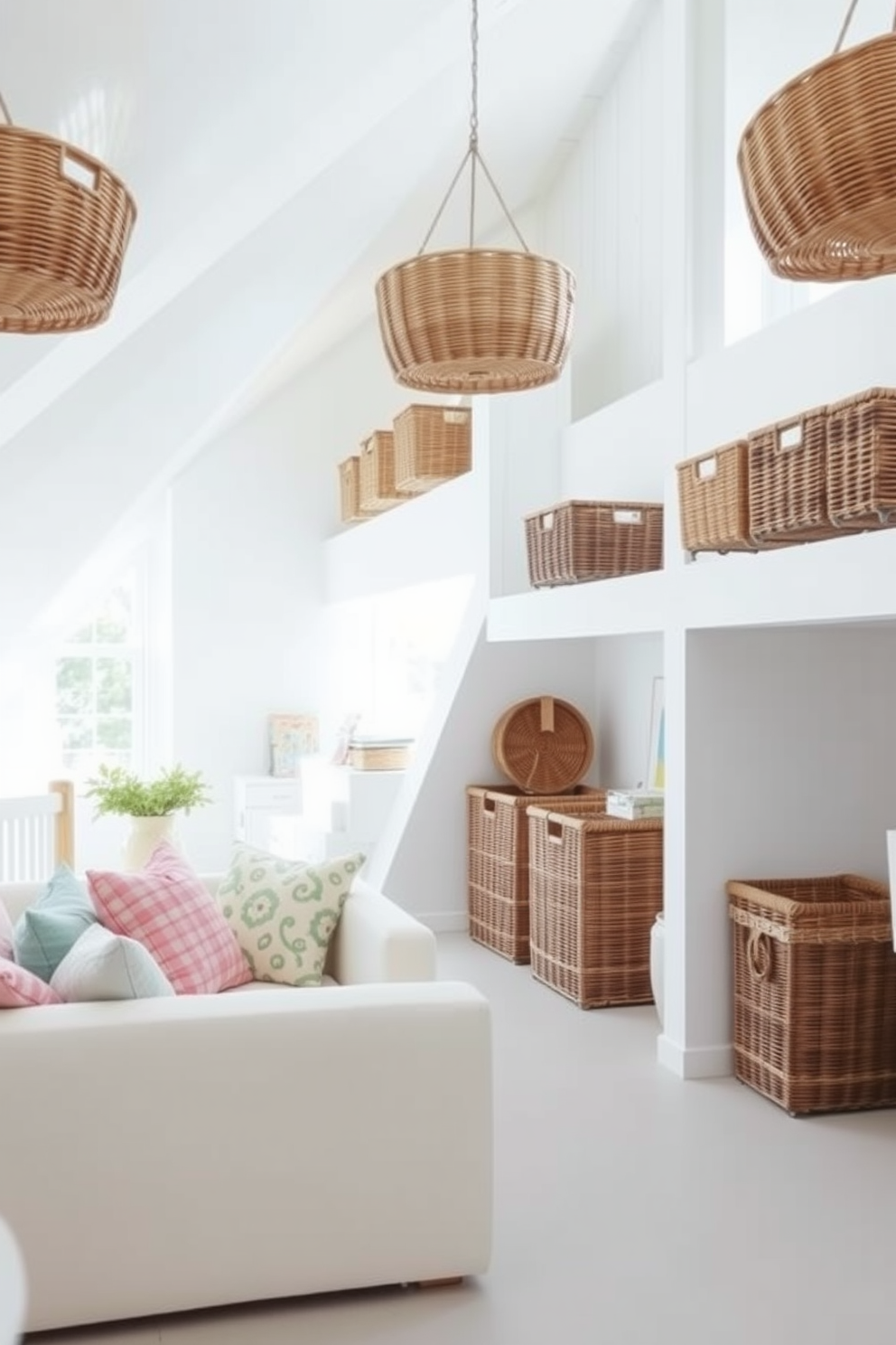 A bright and airy loft space filled with natural light. The decor features wicker baskets in various sizes, strategically placed for stylish storage solutions. The walls are painted a soft white, complemented by pastel accents in the furniture and accessories. A cozy seating area with a light-colored sofa and colorful throw pillows invites relaxation and comfort.