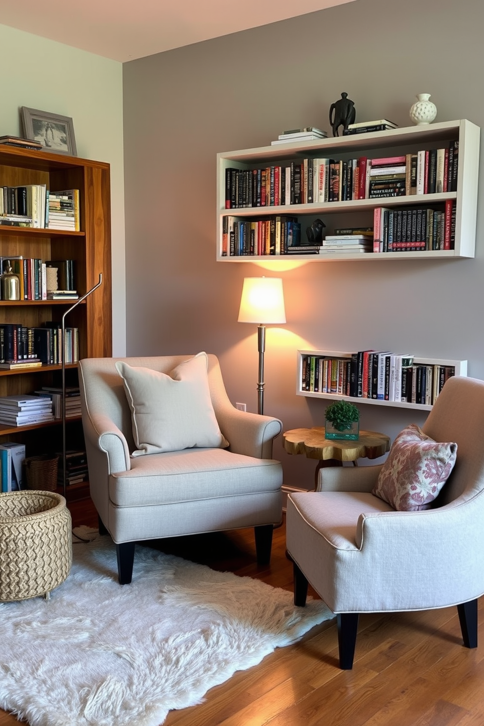 Create a cozy reading nook featuring a plush armchair upholstered in soft linen. Surround the chair with a small side table made of reclaimed wood and a stylish floor lamp with a warm glow. Incorporate a bookshelf filled with an array of colorful books and decorative items. Add a soft area rug beneath the chair to enhance comfort and warmth in the space.