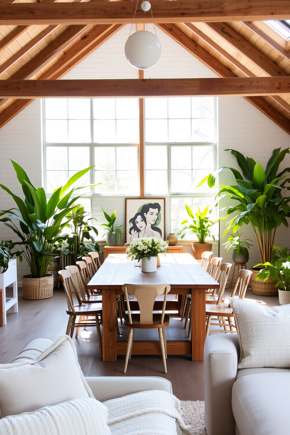 A bright and airy loft space filled with natural light. The decor features exposed wooden beams and a large wooden dining table surrounded by mismatched chairs. Lush green plants are strategically placed throughout the space to bring the outdoors in. Soft pastel accents in the cushions and artwork create a fresh and inviting spring atmosphere.