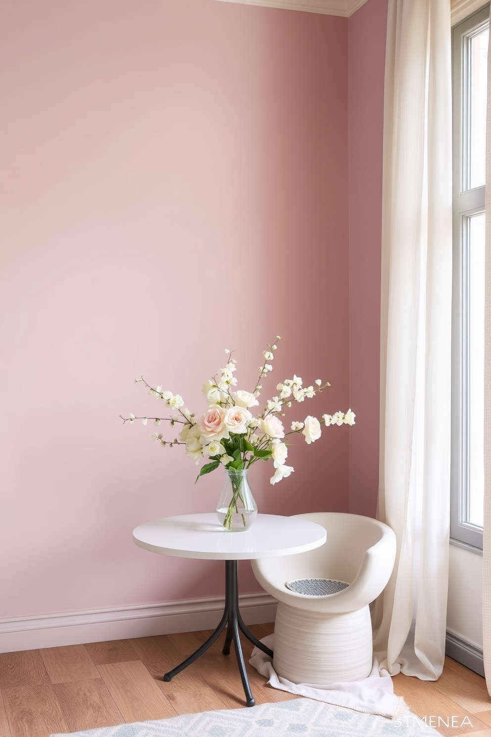 A bright and airy loft space featuring a cozy seating area with a plush sectional sofa in soft pastels. Woven baskets are strategically placed around the room for stylish storage, adding a touch of warmth and texture. The walls are adorned with light, botanical-themed artwork that complements the spring theme. A large potted plant sits in the corner, bringing a refreshing burst of greenery to the decor.