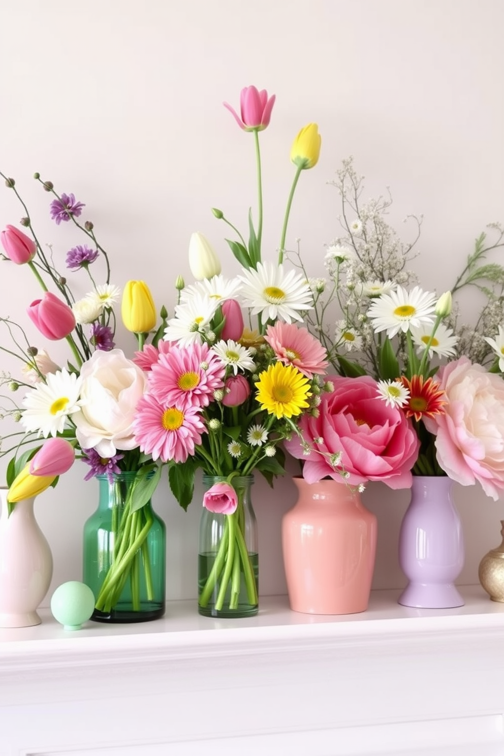 Fresh flowers in vibrant vases adorn the mantel, bringing a burst of color to the springtime decor. The arrangement includes tulips, daffodils, and hyacinths in an array of shapes and sizes, creating a lively focal point. Surrounding the flowers are decorative elements such as pastel-colored candles and small framed photos. The mantel is styled with natural textures, including woven baskets and rustic wooden accents, enhancing the fresh and inviting atmosphere.