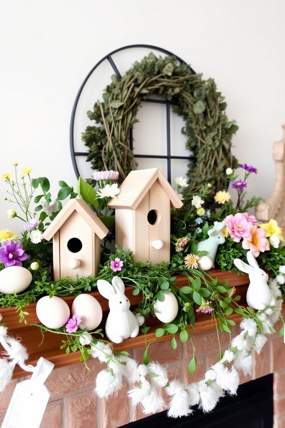 Miniature birdhouses made of reclaimed wood are scattered across the mantel, adding a charming rustic touch. Fresh greenery and colorful spring flowers are arranged around them, creating a vibrant and inviting display. Delicate pastel accents in the form of painted eggs and soft fabric bunnies complement the natural elements. A soft white garland drapes elegantly across the mantel, enhancing the cheerful spring atmosphere.