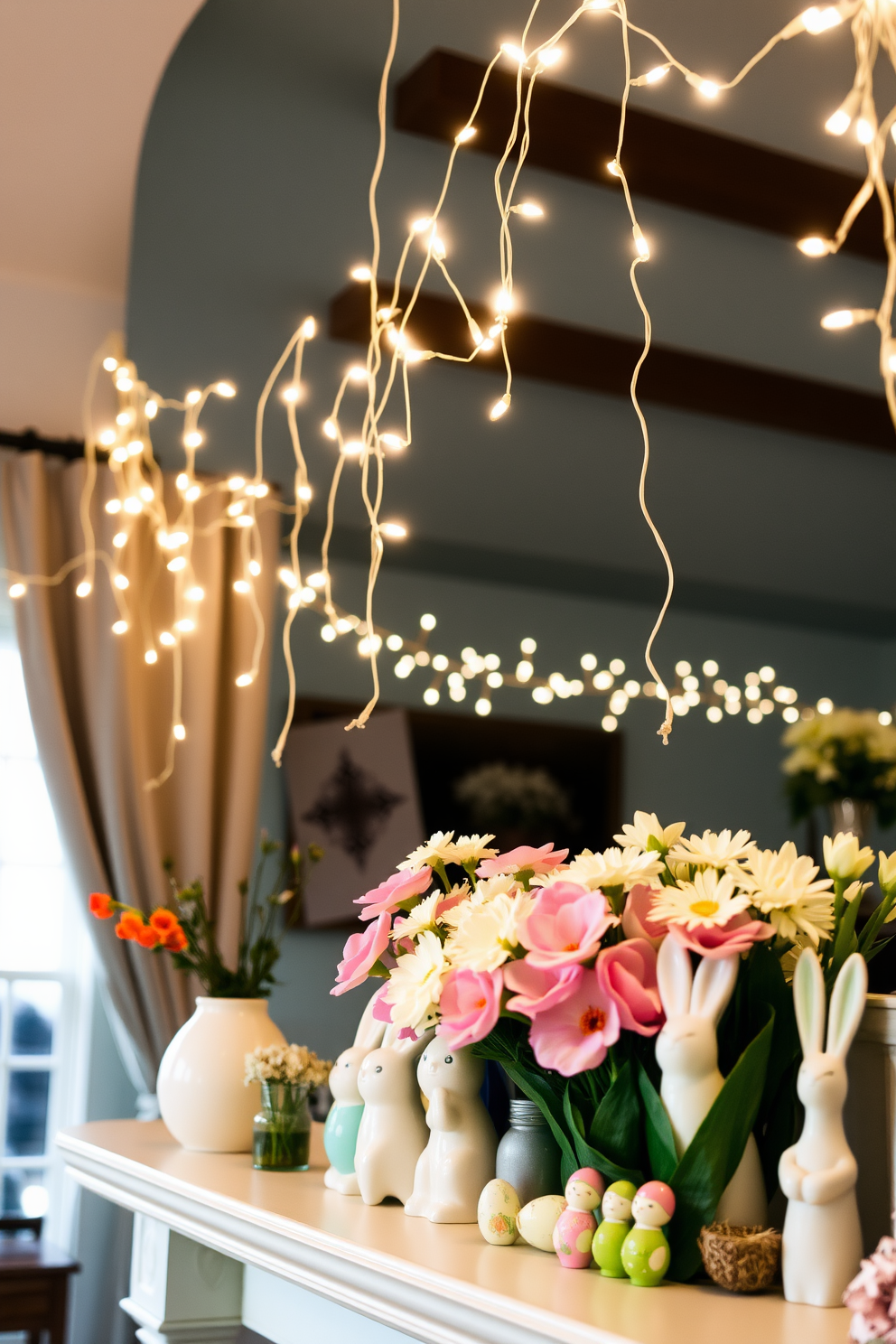 A cozy living room setting adorned with hanging string lights that create a warm and inviting ambiance. The lights are draped elegantly across the ceiling, casting a soft glow that enhances the room's charm. A beautifully decorated mantel for spring featuring fresh flowers in pastel colors. The mantel is adorned with seasonal decorations such as decorative eggs and cheerful bunny figurines, bringing a touch of springtime joy to the space.