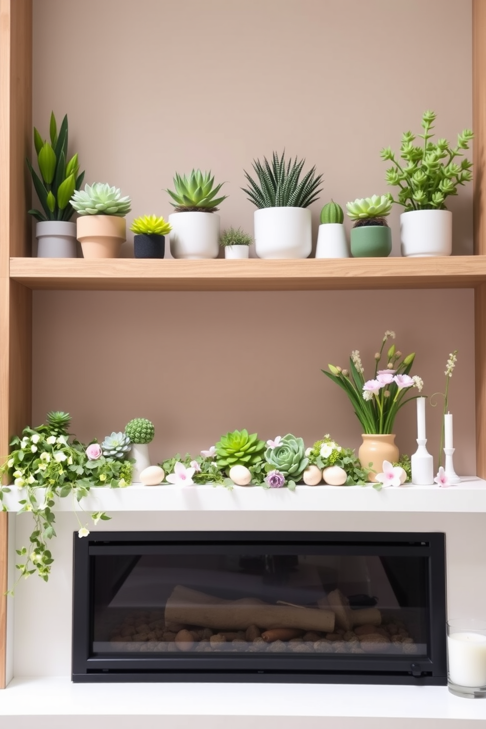 A collection of vibrant succulent arrangements in various shapes and sizes is displayed on a sleek wooden shelf. The modern aesthetic is enhanced by the use of minimalist pots in neutral tones that complement the greenery. The mantel is adorned with fresh spring decorations featuring pastel-colored flowers and delicate greenery. Accents such as decorative eggs and light candles create a warm and inviting atmosphere for the season.