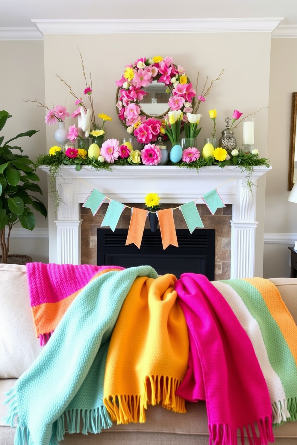 A cozy living room setting features a fireplace mantel adorned with vibrant spring-themed decorations. Colorful throw blankets are casually draped over a plush sofa, adding warmth and a pop of color to the space. The mantel is decorated with fresh flowers in pastel hues, along with decorative eggs and seasonal accents. Soft lighting enhances the inviting atmosphere, creating a perfect spot for relaxation and enjoyment.