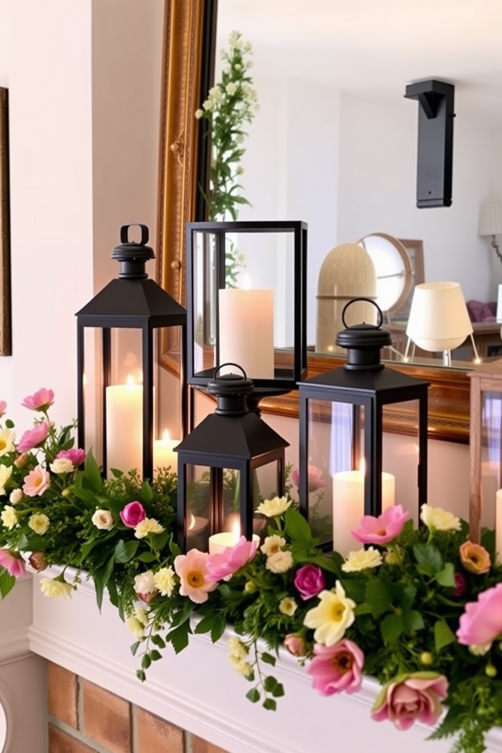 A cozy mantel adorned with charming lanterns filled with LED candles creates a warm and inviting atmosphere. The lanterns are arranged in varying heights, surrounded by fresh spring flowers and greenery for a vibrant touch.