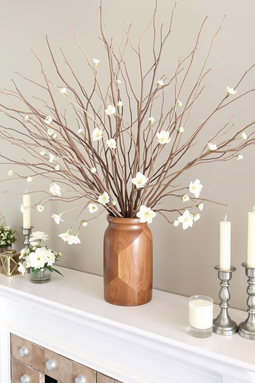 Natural branches arranged in a rustic wooden vase create a warm and inviting focal point on the mantel. Surrounding the branches, soft pastel flowers and delicate candles enhance the spring theme, bringing a fresh and lively atmosphere to the space.