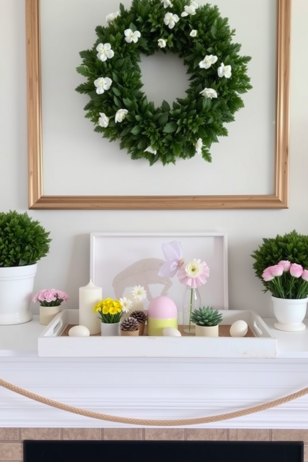 Charming ceramic pots filled with fresh herbs are arranged on a rustic wooden mantel. The pots vary in size and color, creating a vibrant display that brings a touch of nature indoors. Delicate fairy lights are draped along the mantel, adding a warm glow to the setting. A few seasonal decorations, like small flowers and candles, complement the herb pots, enhancing the springtime ambiance.