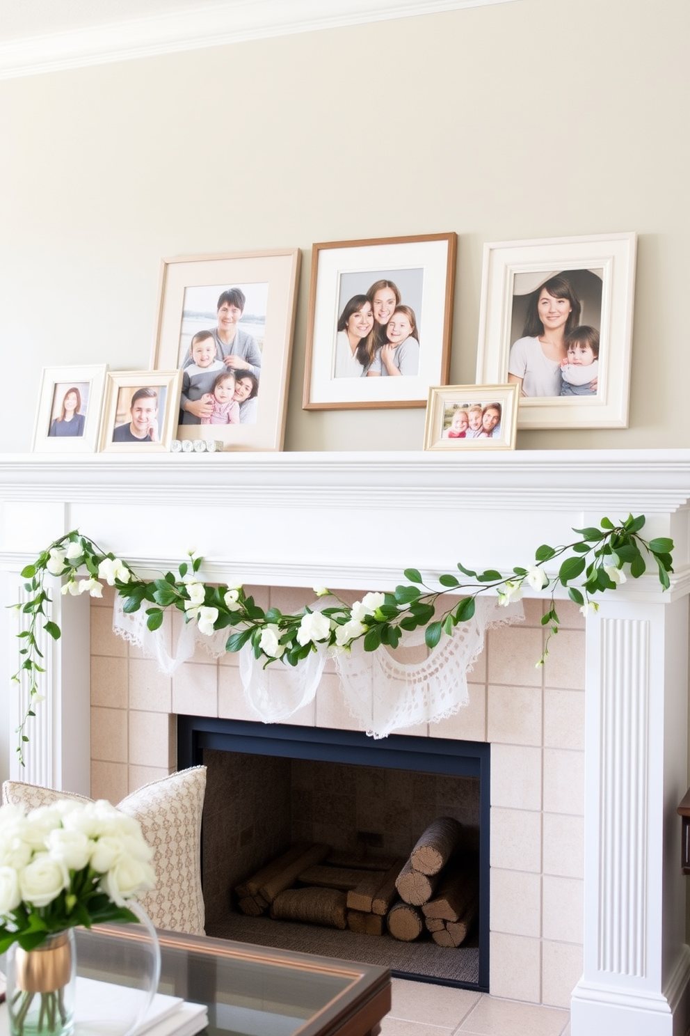 A cozy living room mantel adorned with framed family photos in pastel frames. The mantel is decorated with fresh spring flowers and soft greenery, creating a warm and inviting atmosphere.