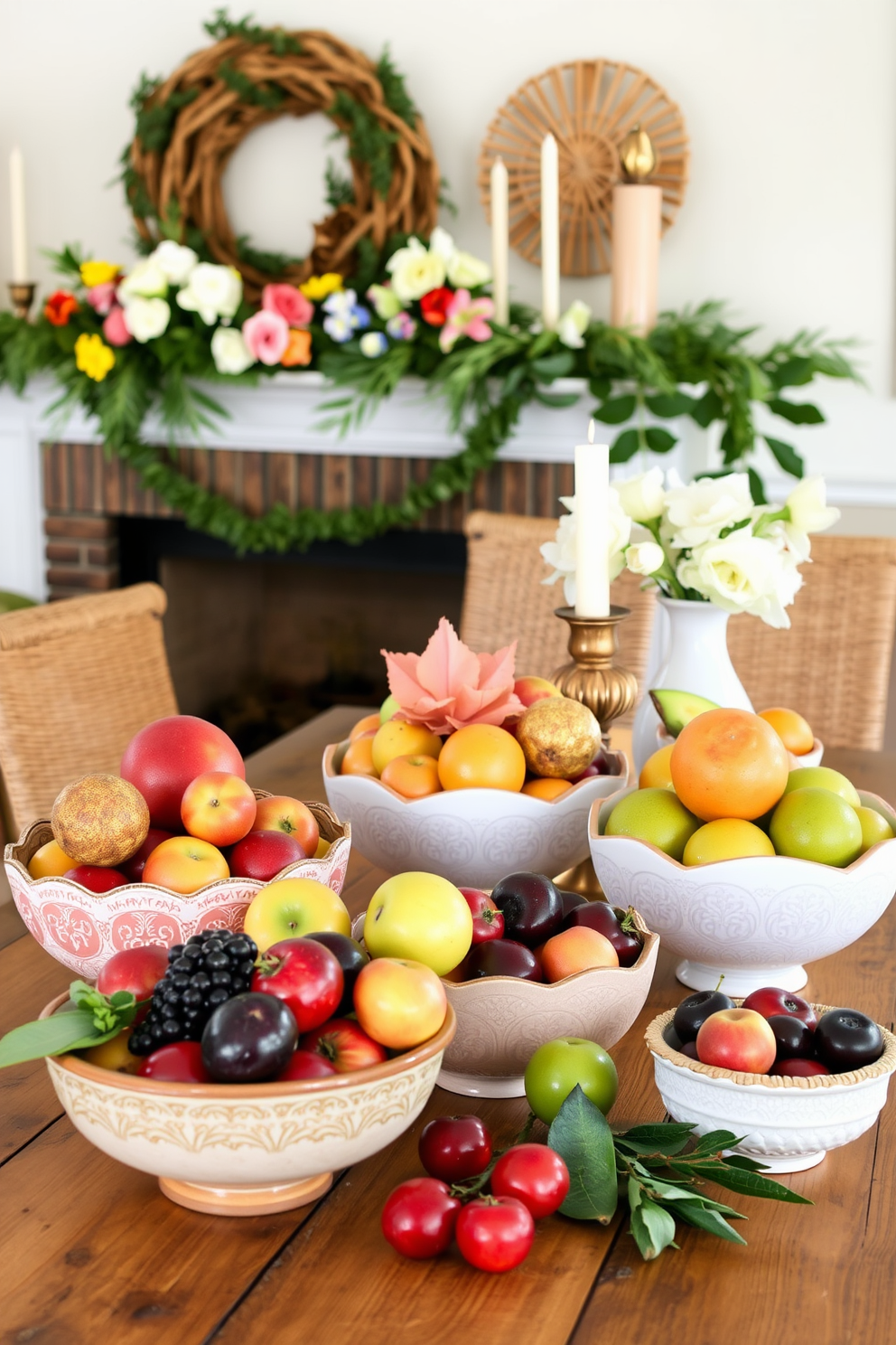 A vibrant display of seasonal fruits in decorative bowls is arranged on a rustic wooden table. The bowls are crafted from ceramic and feature intricate designs that complement the colorful fruits. The spring mantel is adorned with fresh flowers in pastel vases alongside delicate candles. Natural elements like greenery and woven accents enhance the cheerful and inviting atmosphere of the space.