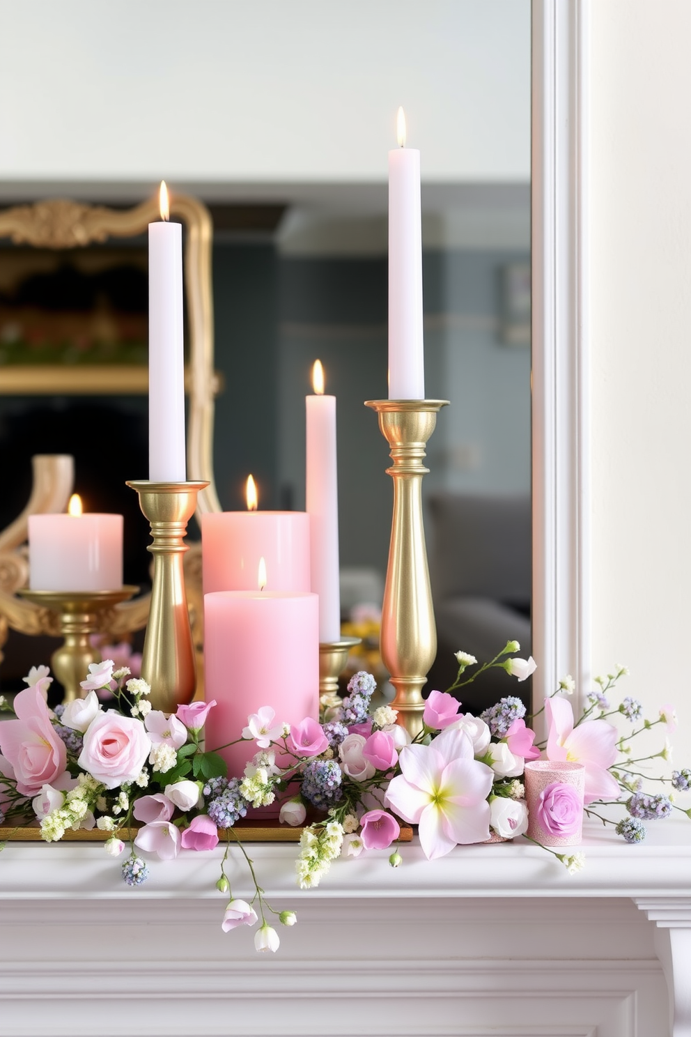 A charming spring mantel adorned with pastel colored candles in varying heights creates a soft and inviting glow. The candles are arranged on a rustic wooden shelf, complemented by delicate floral accents and seasonal greenery.