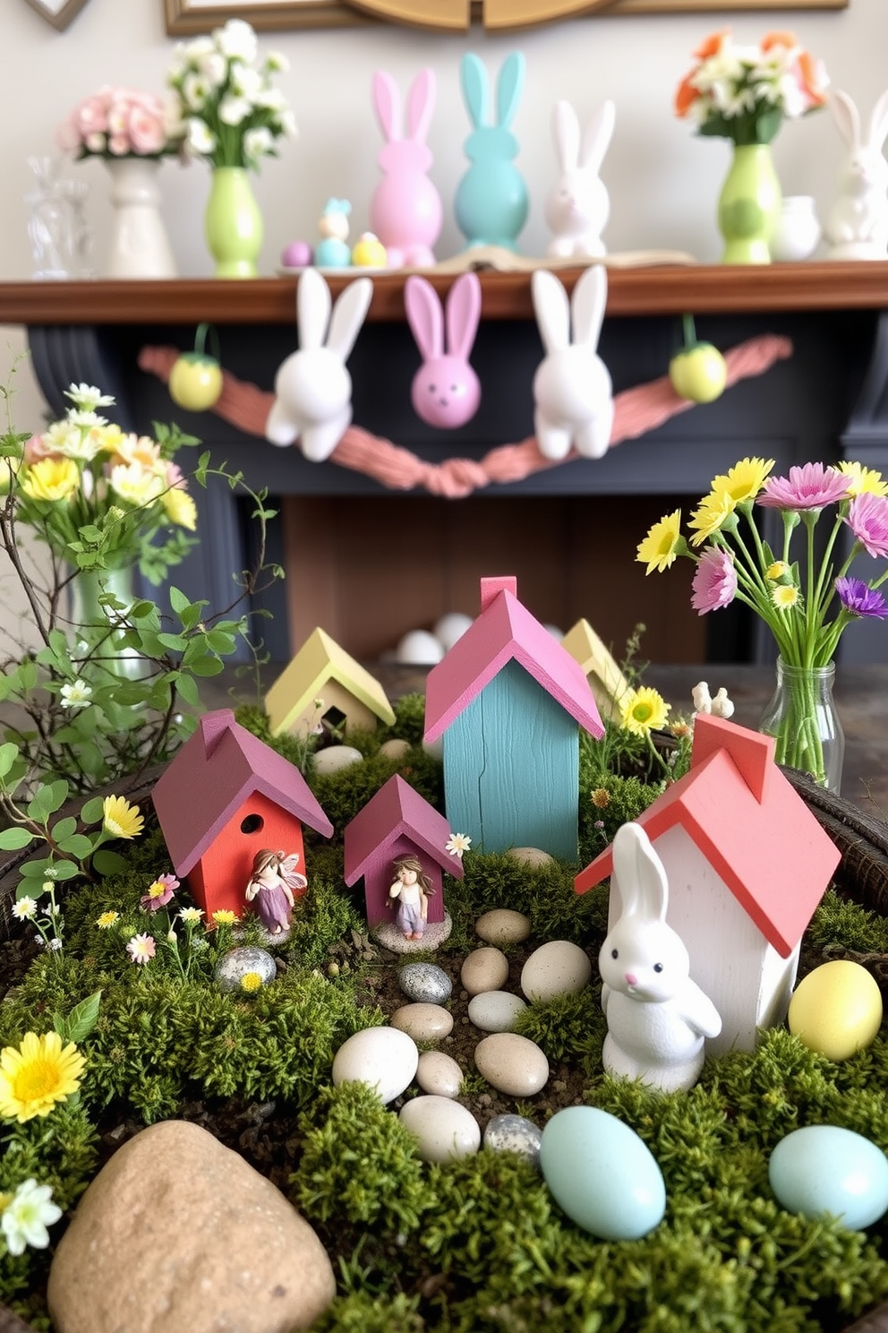 A whimsical fairy garden display features miniature houses made of colorful painted wood nestled among lush greenery. Tiny fairy figurines, delicate flowers, and sparkling stones create an enchanting atmosphere that invites imagination and wonder. The Spring mantel is adorned with pastel-colored decorations that celebrate the season's blooms. Fresh flowers in vibrant vases, along with playful bunnies and cheerful eggs, bring a festive and lively feel to the space.