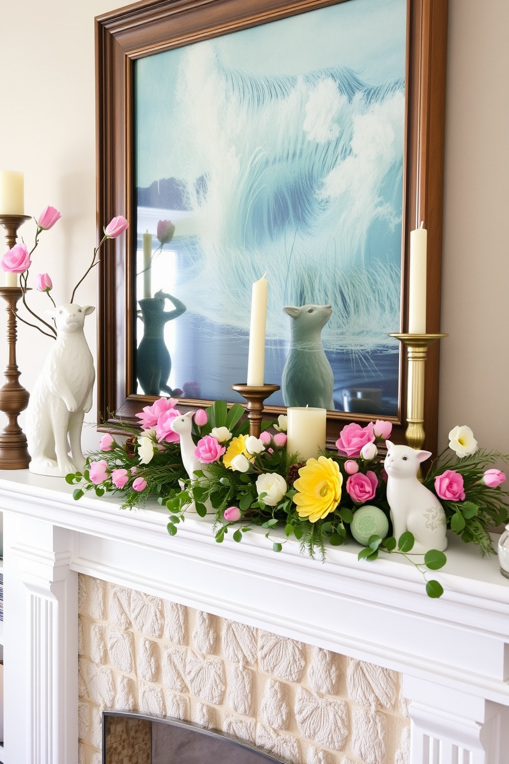 A charming spring mantel adorned with seasonal banners and garlands. The vibrant colors of the decorations contrast beautifully with the natural wood of the mantel.