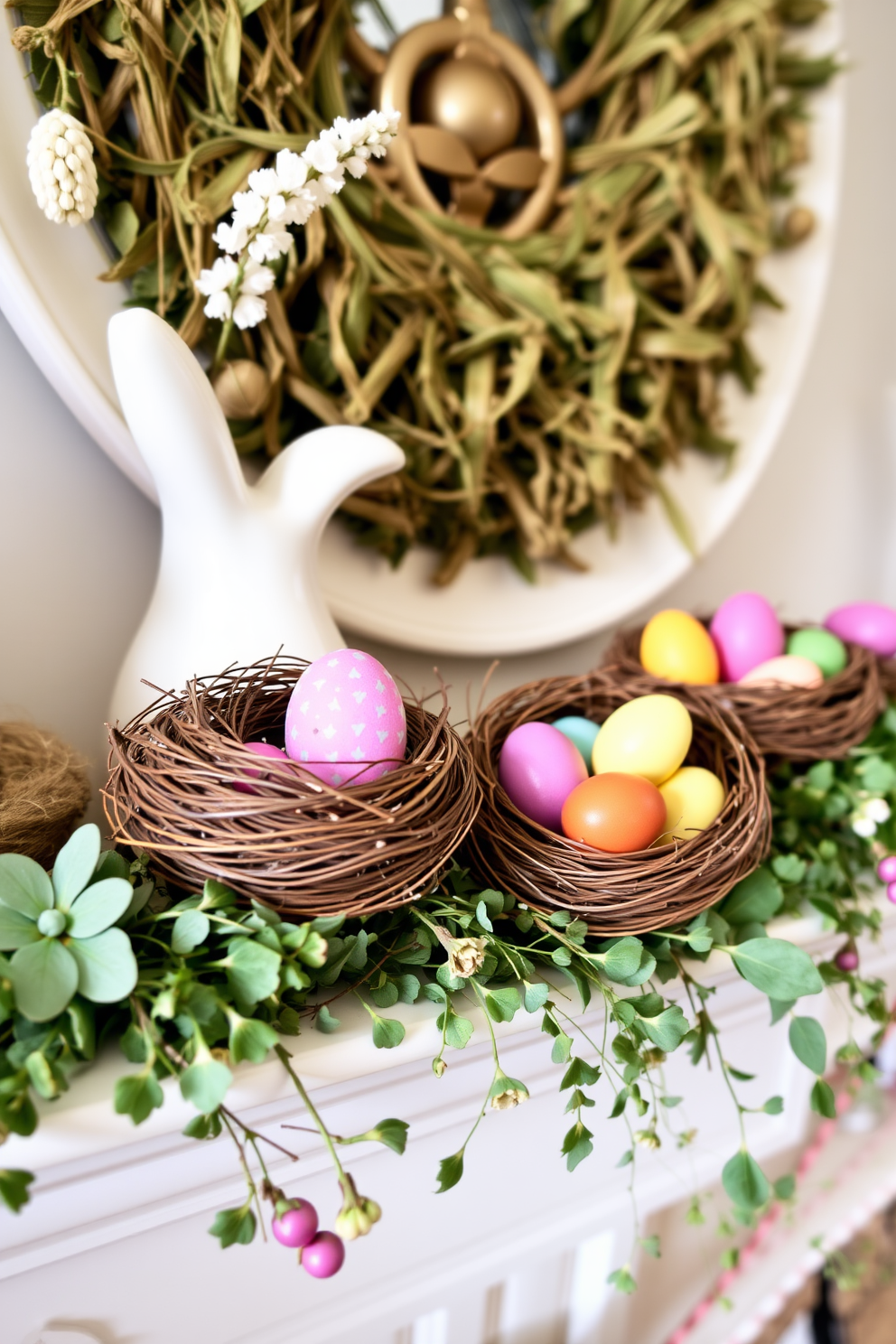 A vibrant display of colorful eggs nestled in decorative nests brings a cheerful touch to the spring mantel. The mantel is adorned with fresh greenery and soft pastel accents, creating a warm and inviting atmosphere.