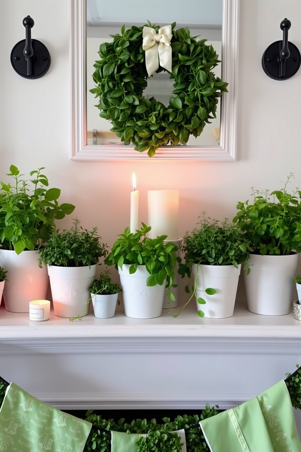 A charming spring mantel decorated with potted herbs in various sizes. The vibrant green foliage adds a fresh scent and a lively touch to the space. Delicate white candles are placed among the herbs, creating a warm and inviting atmosphere. Soft pastel accents in the decor enhance the seasonal theme while maintaining an elegant look.