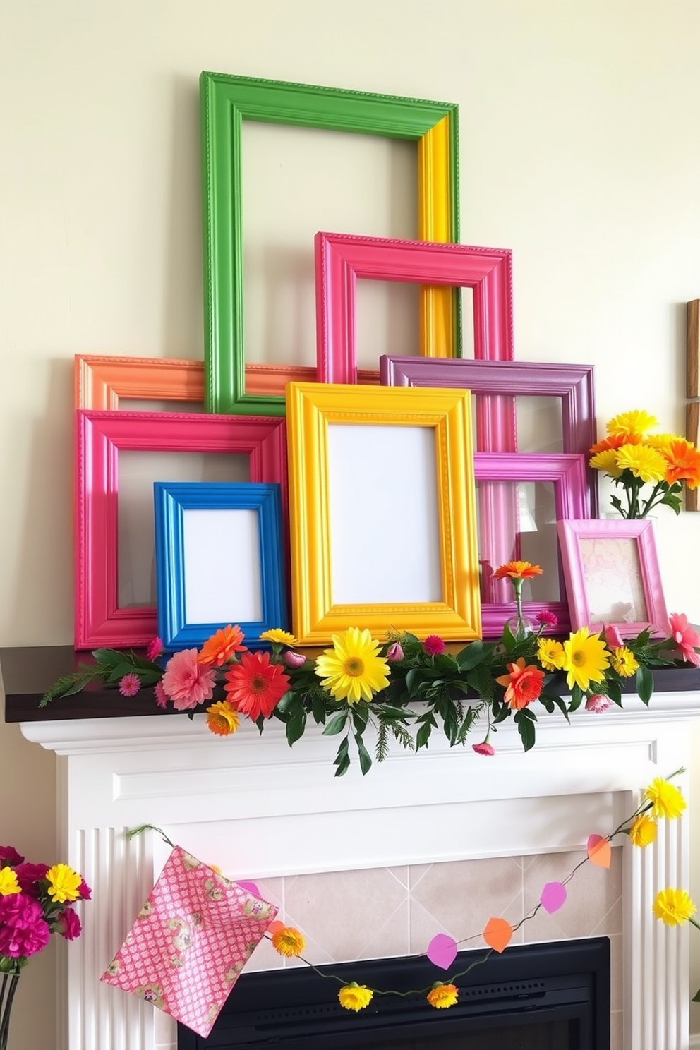 Brightly colored picture frames are arranged in an artistic display on a mantel. The mantel is adorned with seasonal decorations, featuring vibrant flowers and cheerful accents that evoke the spirit of spring.