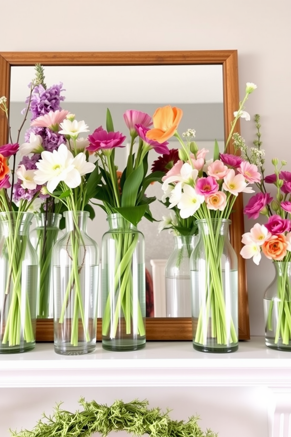 A charming mantel adorned with glass vases filled with fresh water and vibrant spring flowers. The vases vary in height and shape, creating an inviting and dynamic display that captures the essence of the season.