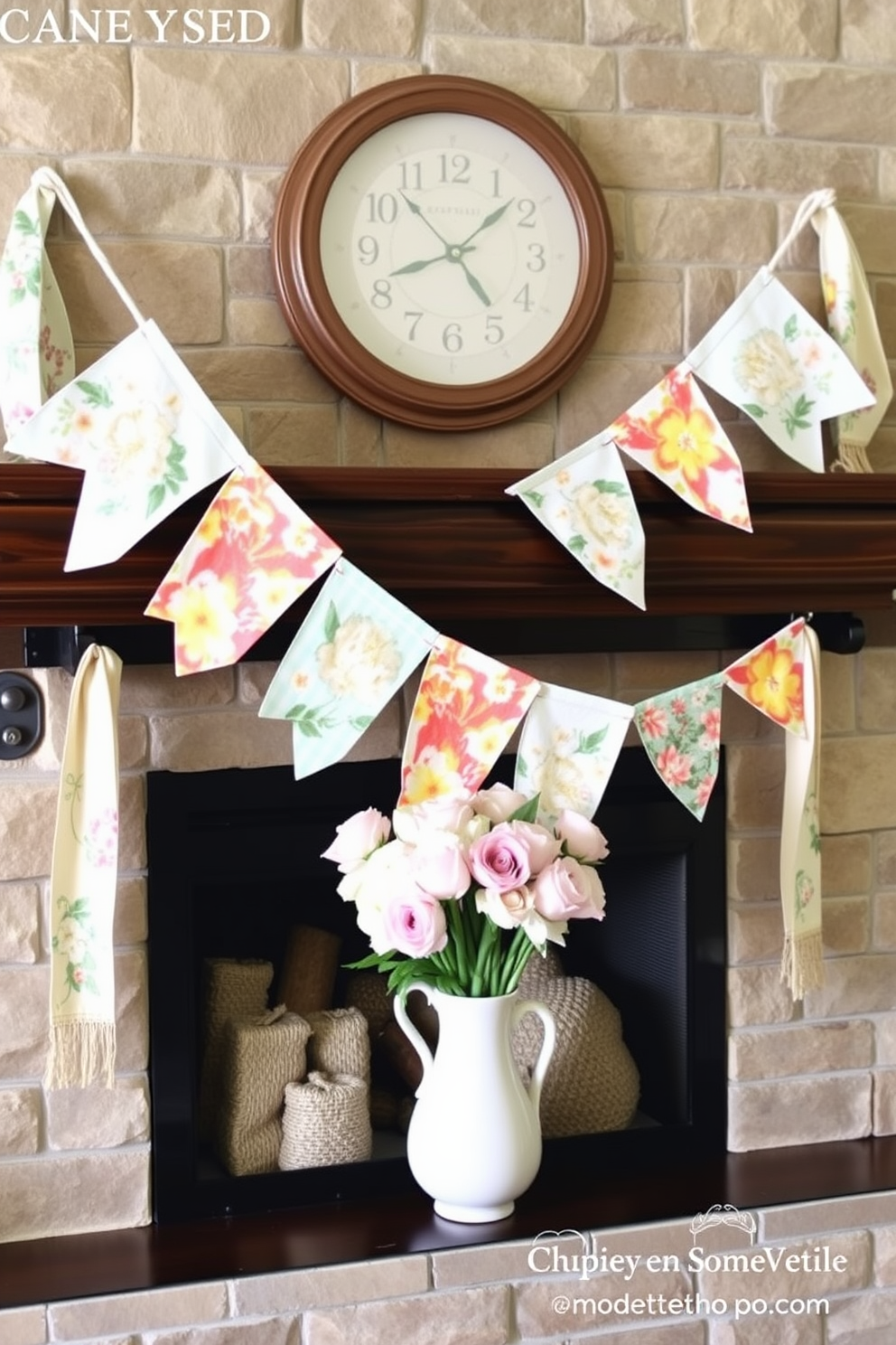 Create a vibrant spring mantel adorned with seasonal fabric banners in pastel colors. The banners feature floral patterns and are draped elegantly across the mantel, complemented by fresh flowers in a ceramic vase.