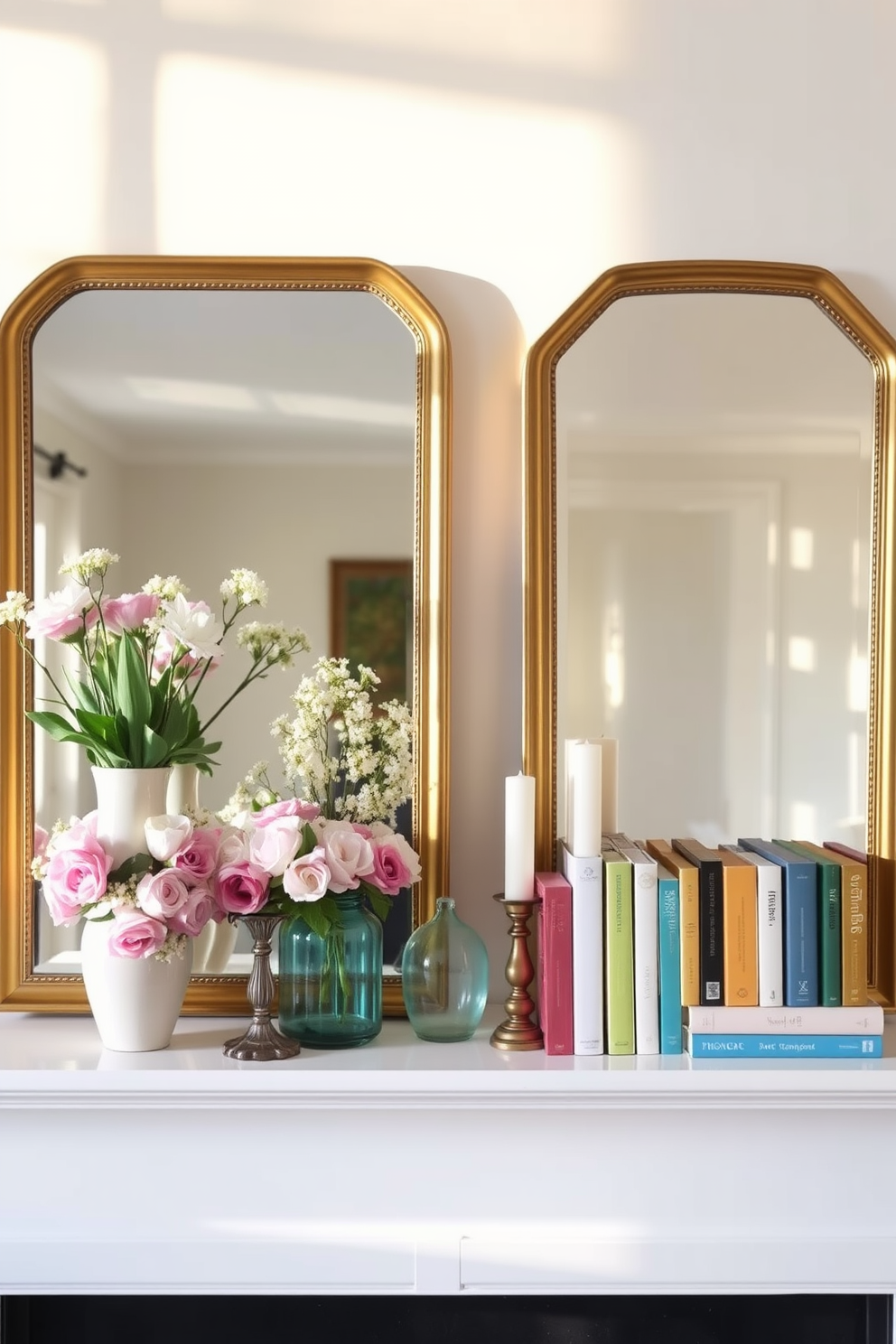 Framed family photos in spring colors are arranged on a light wooden mantel. The photographs feature vibrant flowers and cheerful landscapes, creating a harmonious and inviting atmosphere. The mantel is adorned with decorative elements in pastel hues, including a ceramic vase filled with fresh blooms. Soft green and yellow accents are incorporated through cushions and small decorative objects, enhancing the spring theme.