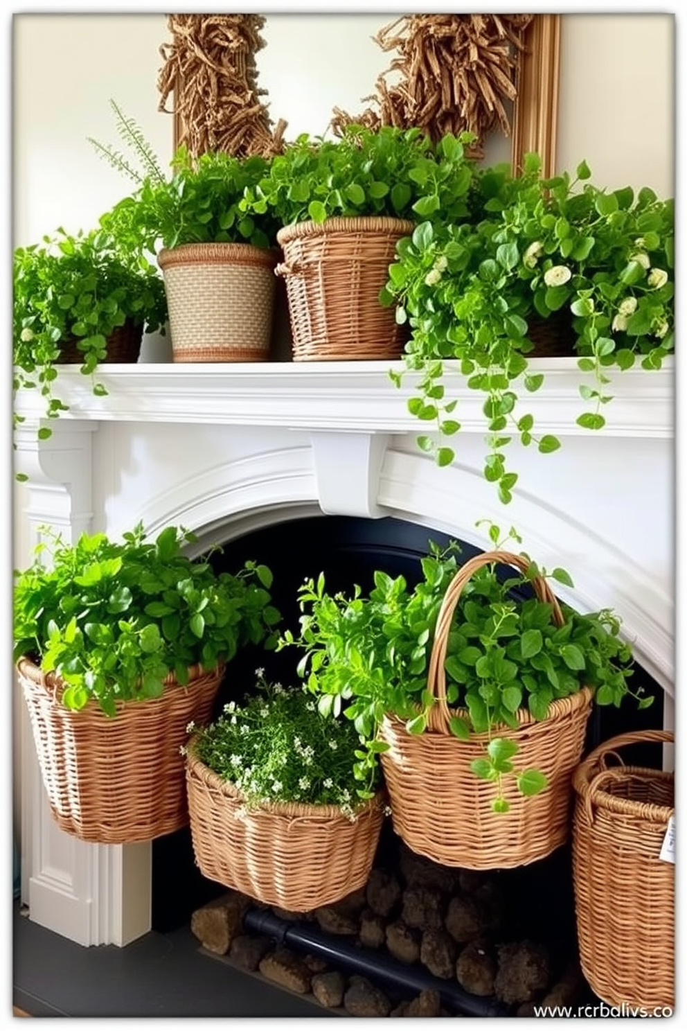 A cozy mantel adorned with decorative baskets filled with lush greenery creates a refreshing spring ambiance. The baskets vary in size and texture, adding depth and interest, while soft natural light highlights the vibrant foliage.