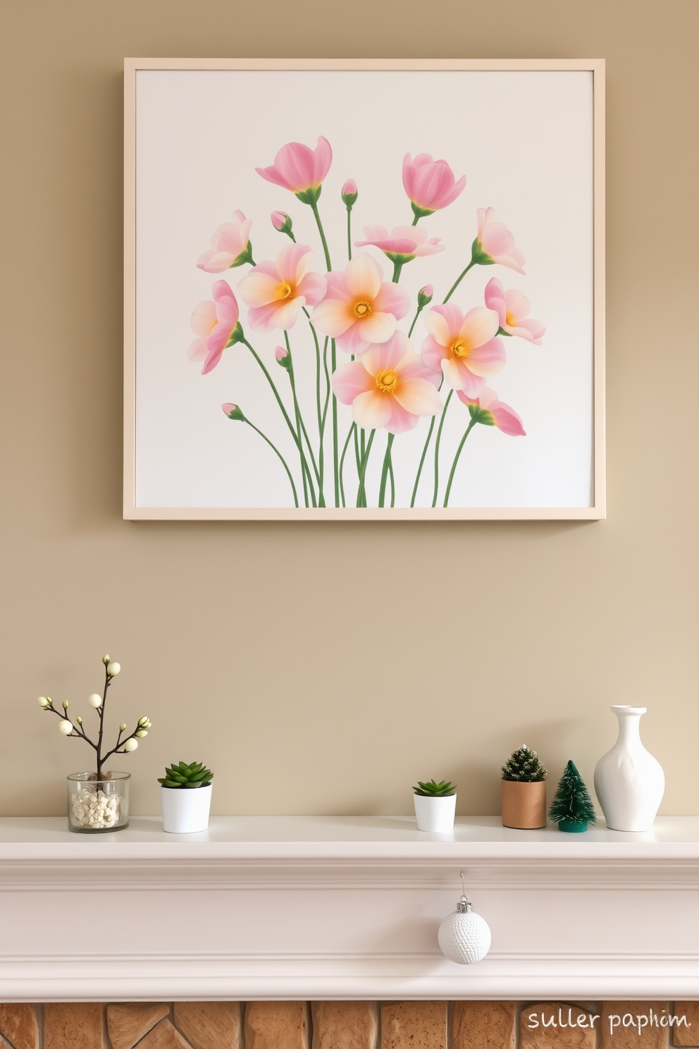 A charming spring-themed artwork is displayed above the mantel, featuring vibrant flowers in full bloom and soft pastel colors. The mantel is adorned with delicate decorative accents like small potted plants and seasonal ornaments that evoke the freshness of spring.