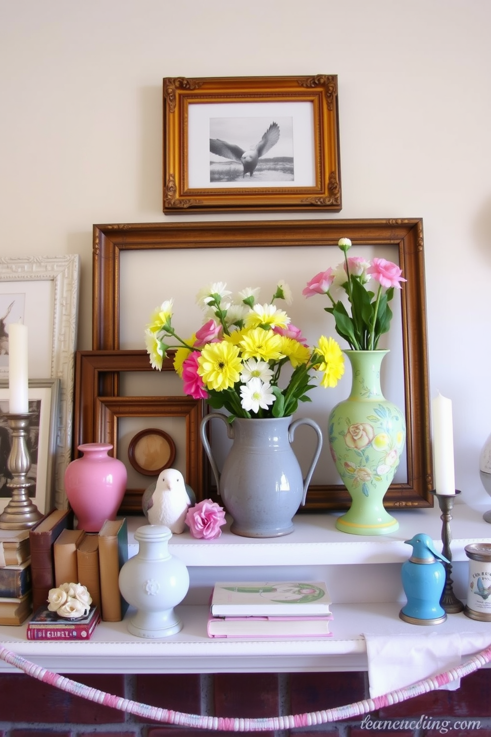 A charming mantel adorned with quaint teacups filled with vibrant spring flowers creates a delightful focal point. The teacups are arranged in a playful manner, showcasing an array of colors and textures that evoke the freshness of the season. Soft pastel accents complement the natural beauty of the blooms, while delicate greenery weaves through the display. A light, airy backdrop enhances the overall aesthetic, inviting warmth and cheer into the space.