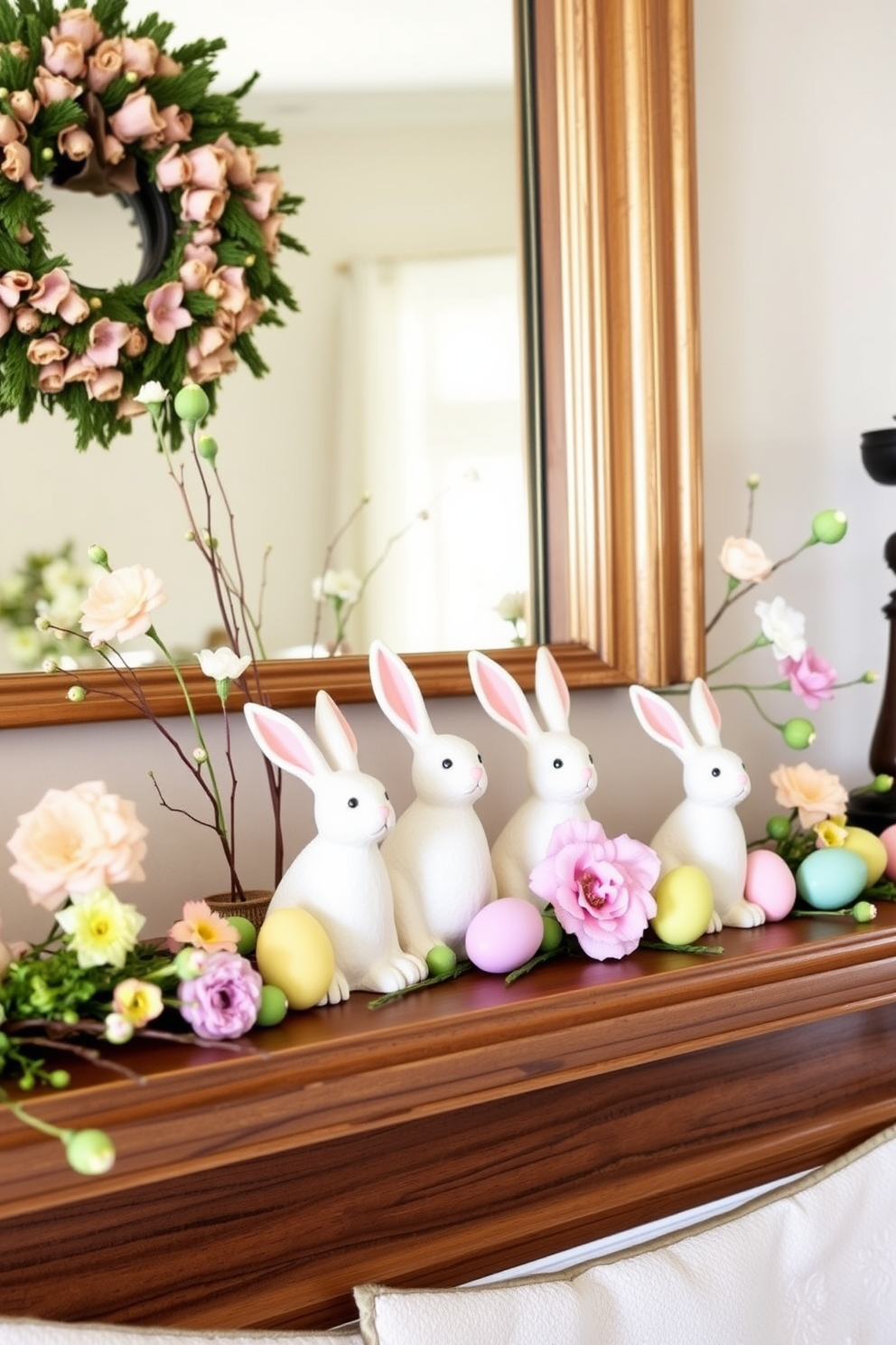 A charming spring mantel adorned with decorative bunnies brings a festive touch to the Easter celebration. The bunnies are arranged alongside fresh flowers and pastel-colored eggs, creating a delightful and inviting atmosphere.