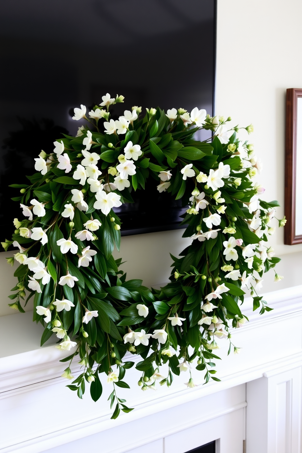 A beautifully styled mantel adorned with a lush greenery garland that gracefully drapes along its length. The garland is interspersed with delicate spring flowers, creating a vibrant and inviting focal point for the room.