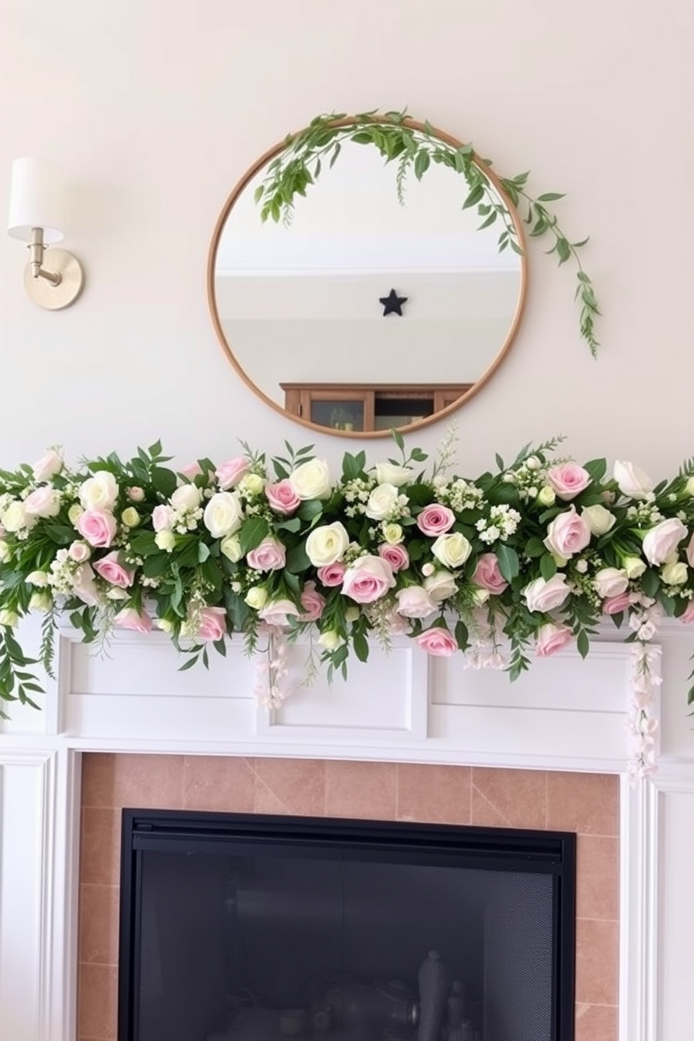 A beautiful spring-themed mantel decor features a large piece of artwork depicting blooming flowers in vibrant colors. The artwork is framed in a light wood frame that complements the natural elements of the decor. On the mantel, delicate pastel-colored candles are arranged alongside a small vase filled with fresh spring blooms. A woven basket sits at one end, holding seasonal decorations like faux eggs and soft greenery for a charming touch.