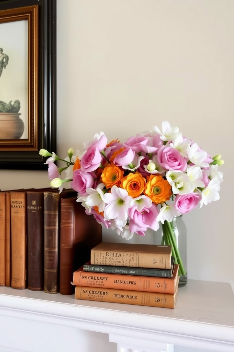 A charming mantel adorned with a collection of vintage books stacked neatly alongside a vibrant bouquet of spring flowers. The warm tones of the books complement the fresh colors of the blossoms, creating a cozy and inviting atmosphere.