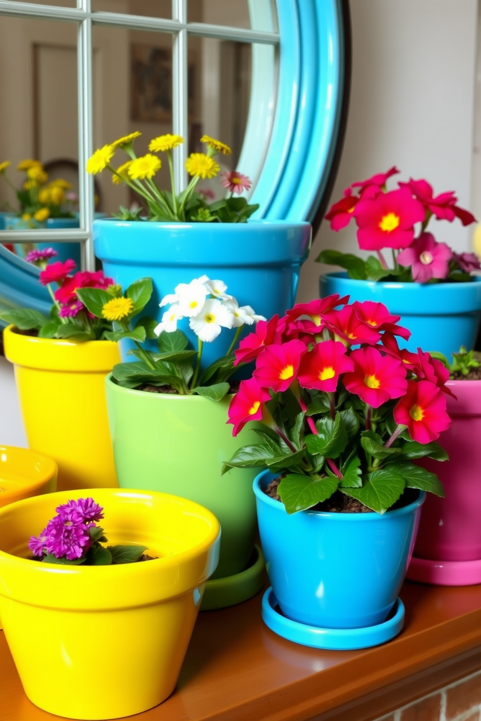 Brightly colored ceramic pots are arranged on a mantel, showcasing an array of vibrant flowers and greenery. The pots vary in size and shape, creating an eye-catching display that embodies the essence of spring.