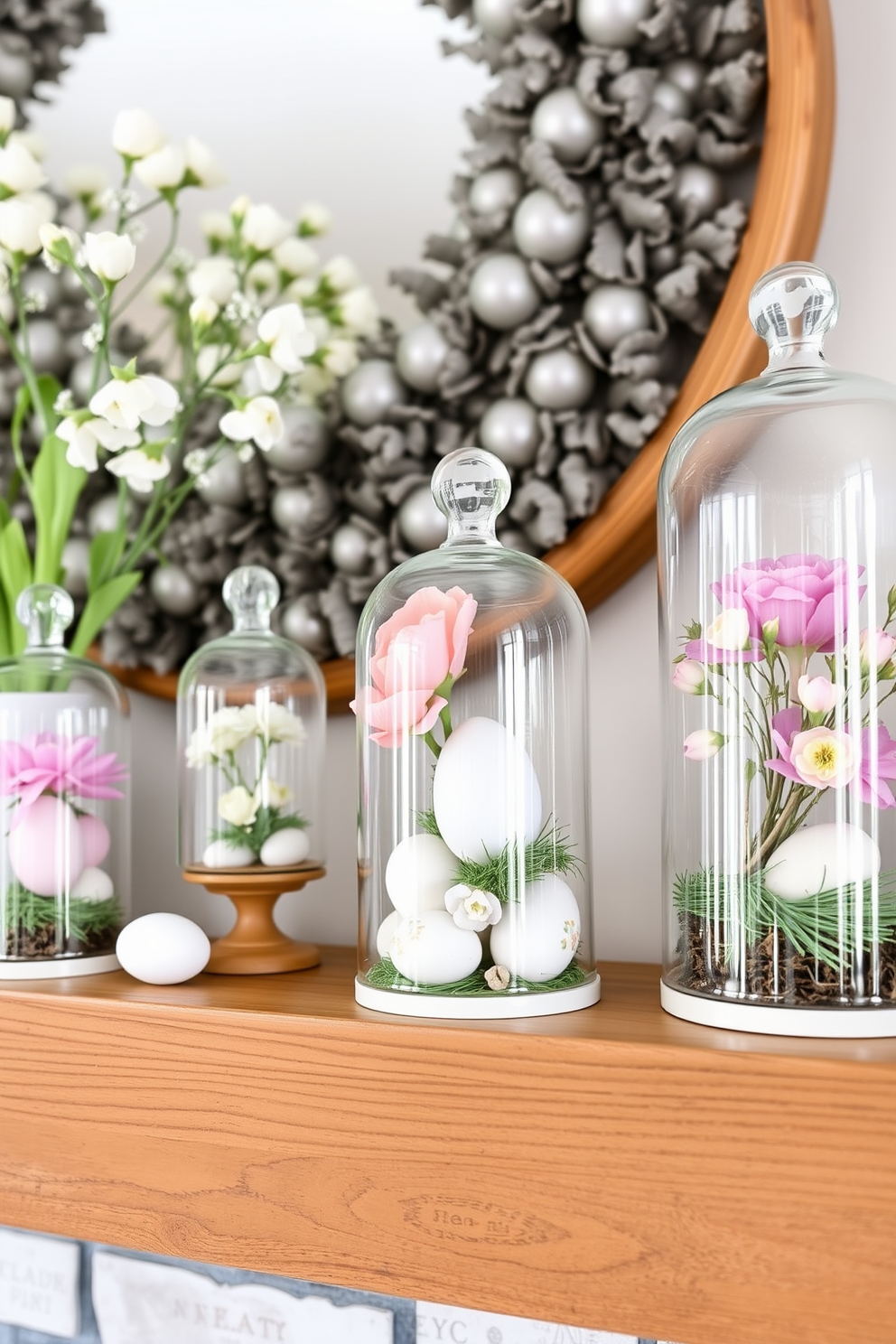 A cozy spring mantel decorated with glass cloches showcasing seasonal decor. Each cloche contains a unique arrangement of fresh flowers, pastel-colored eggs, and delicate greenery, creating a vibrant yet harmonious display.