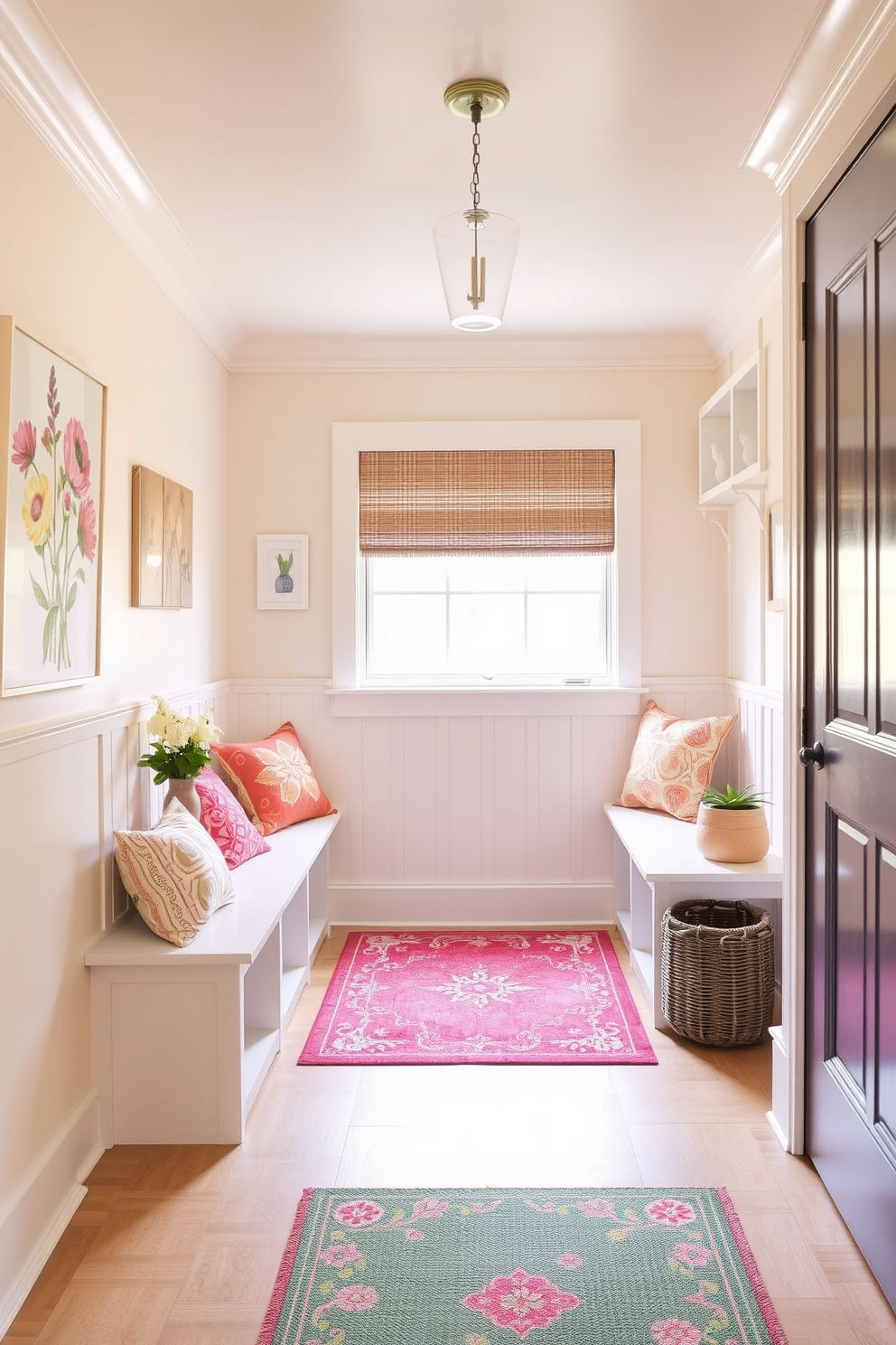 Fresh floral arrangements in vases bring a vibrant touch to any spring mudroom. Imagine a bright space filled with natural light, featuring a variety of colorful blooms in elegant glass vases placed on a rustic wooden bench. Incorporate functional storage solutions like woven baskets and hooks for coats and bags. The walls can be painted in soft pastel shades, creating a welcoming atmosphere that complements the beauty of the floral arrangements.