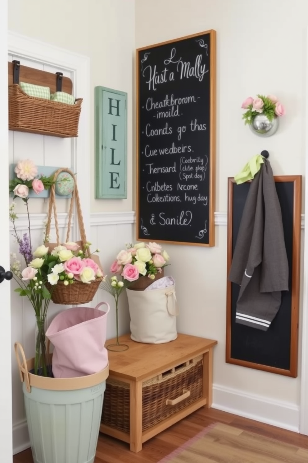 A welcoming mudroom features a large chalkboard mounted on the wall for family messages and reminders. The space is adorned with spring-themed decor, including pastel-colored baskets and floral accents that bring a fresh and vibrant feel.