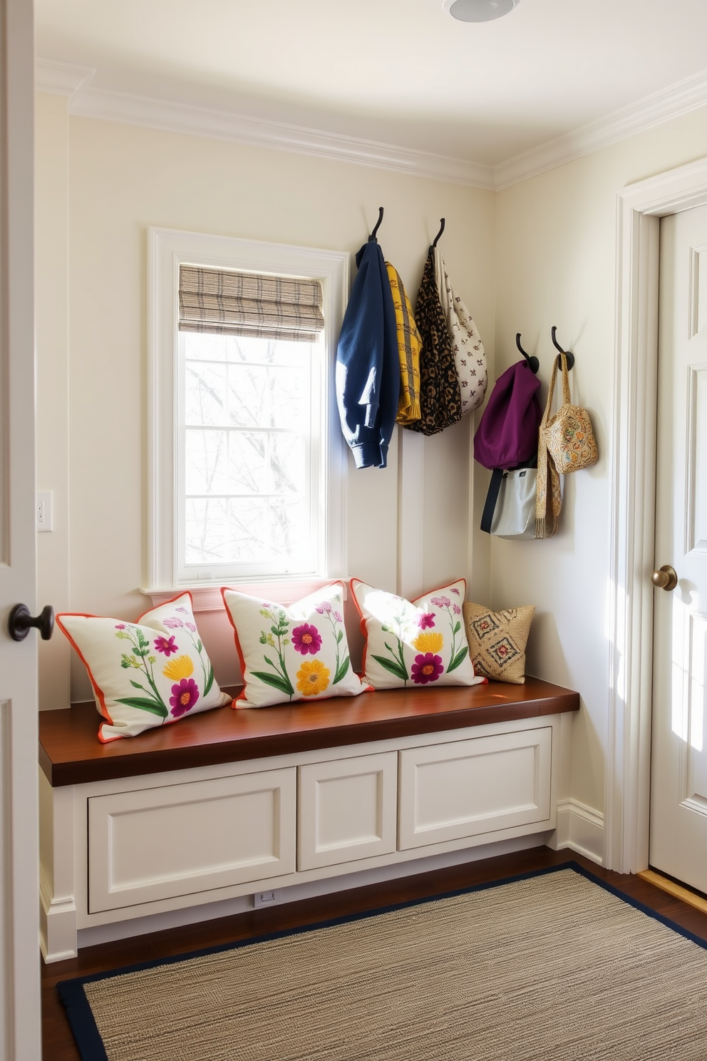 A charming mudroom filled with natural light. The space features a built-in bench with storage underneath, adorned with throw pillows that showcase vibrant spring motifs. The walls are painted in a soft pastel hue, complemented by a durable, textured rug on the floor. Decorative hooks line the wall, holding colorful jackets and accessories, creating an inviting atmosphere.