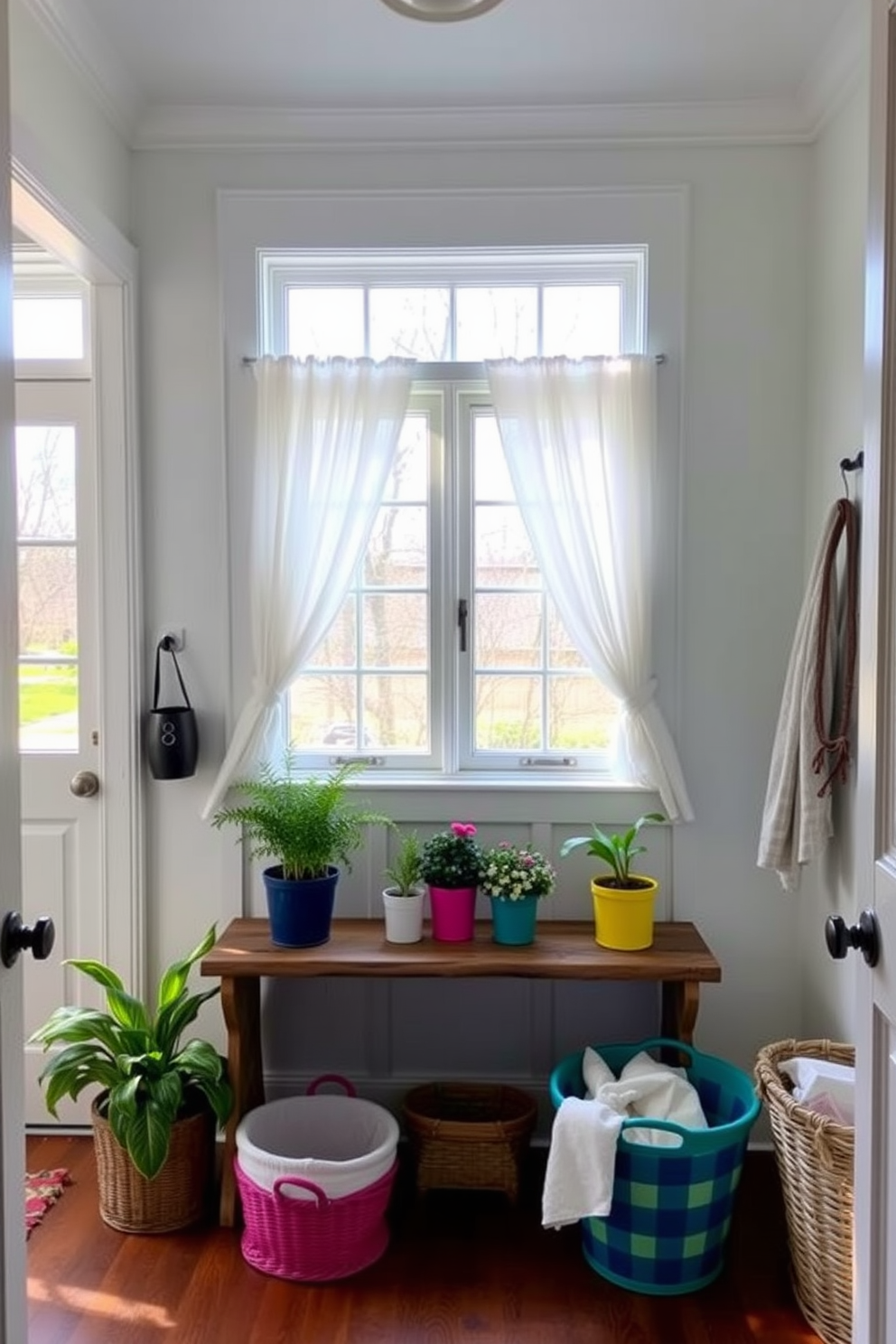 A charming mudroom filled with spring vibes. Light curtains drape gracefully over the windows, allowing natural light to flood the space. The walls are painted in a soft pastel hue, complemented by a rustic wooden bench. Potted plants and colorful baskets provide a cheerful touch, enhancing the inviting atmosphere.