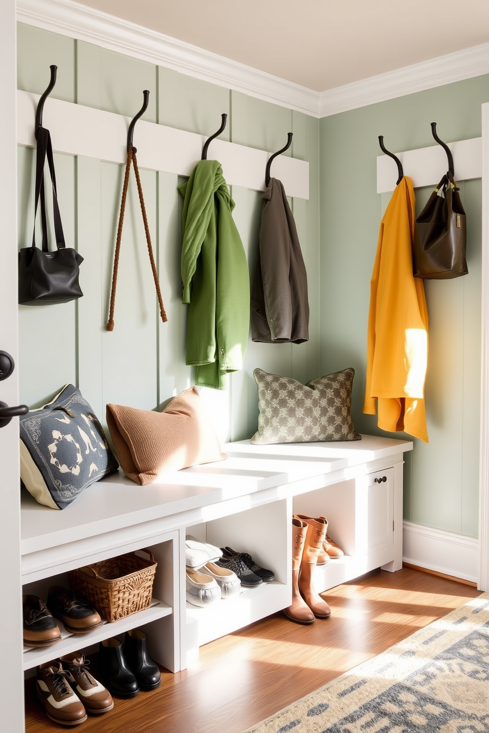 A welcoming mudroom features a stylish bench with ample storage underneath, designed to keep shoes and outdoor gear organized. The walls are adorned with hooks for coats and a cheerful color palette that reflects the freshness of spring.